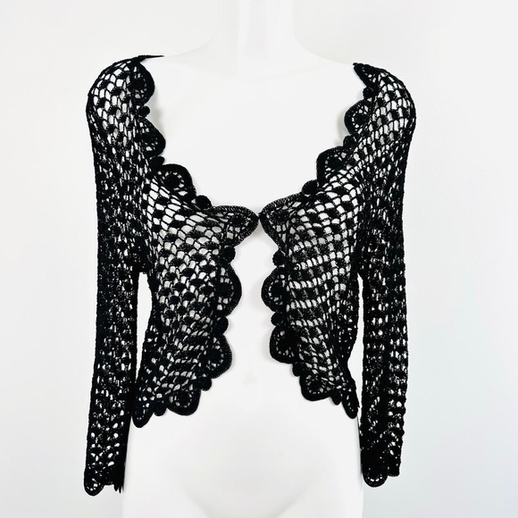 Vintage 90s Y2k Crochet Knit Shrug cropped Cardigan UK 10 12 Black Gothic Witch - Picture 3 of 8